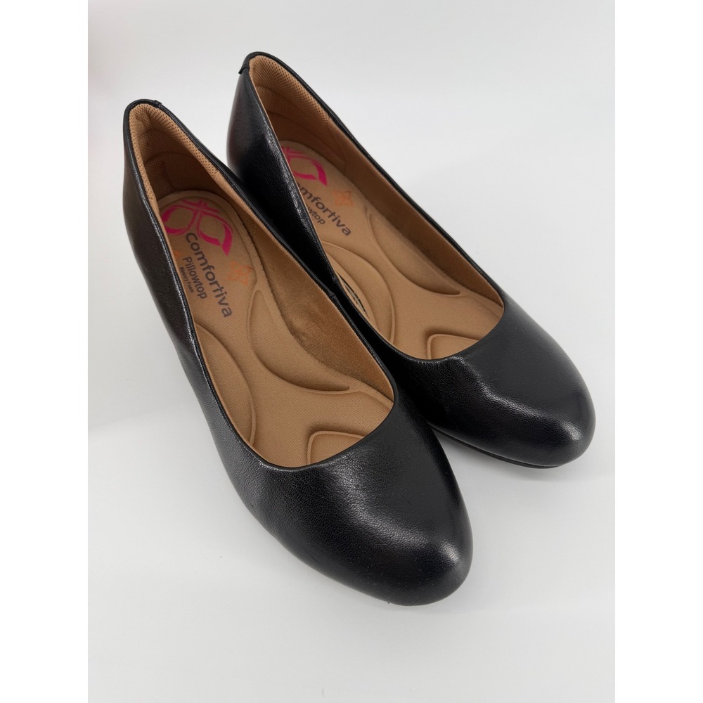 Comfortiva Amora Black Leather Pumps Womens 8 WW Wide Block Heel Pillowtop Shoes